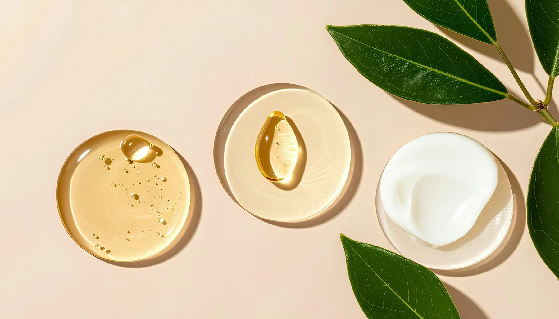 Gel, olio e crema per la cura della pelle con foglie verdi su fondo pesca